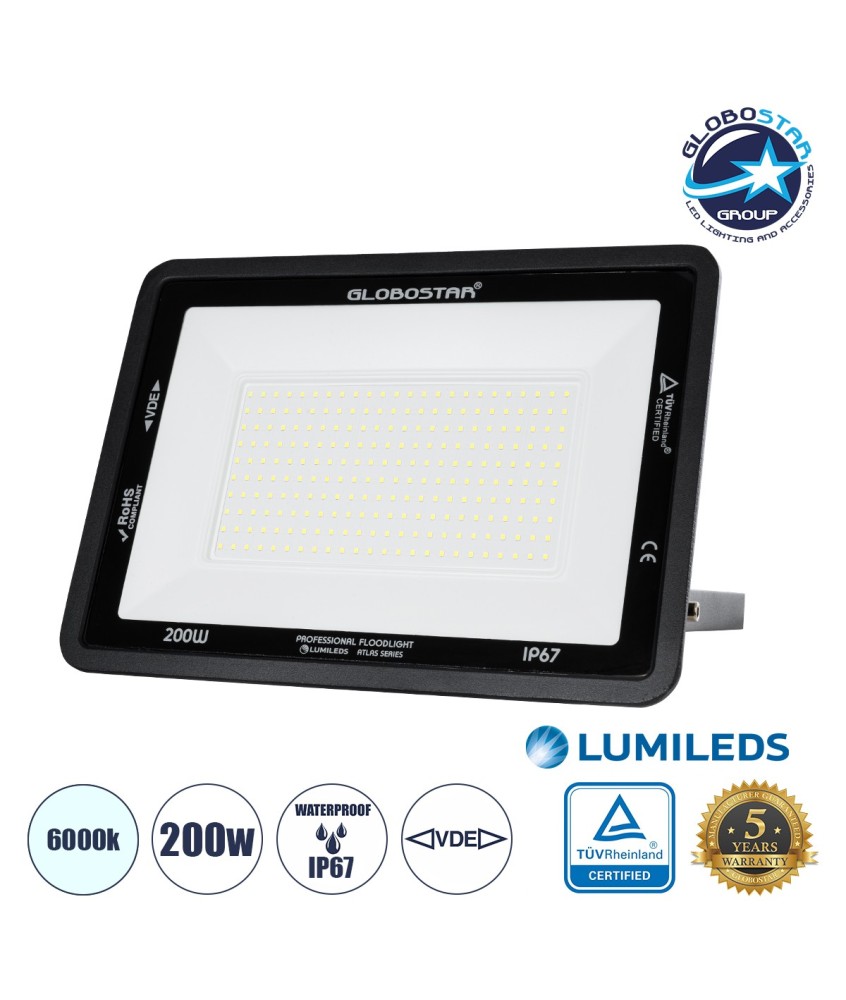 GLOBOSTAR® ATLAS 61431 Προβολέας LED 200W 25000lm 120° AC 220-240V Αδιάβροχο IP67 Ψυχρό Λευκό 6000K - Lumileds SMD Chip - TÜV Rheinland Certified - Μαύρο Ματ - Μ38 x Π4 x Υ28cm - 5 Χρόνια Εγγύηση